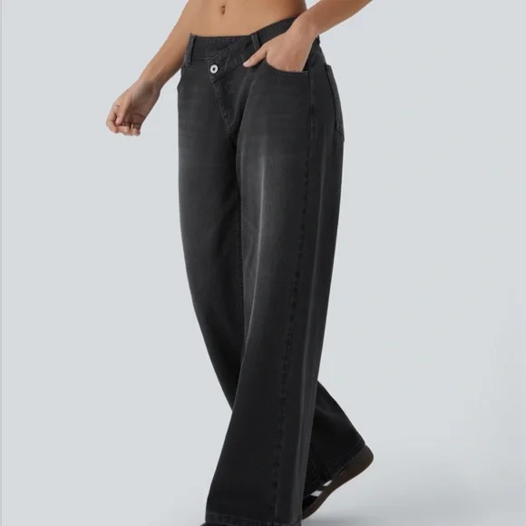 Asymmetric low rise Wide Leg Charcoal Black Women's Jeans - Picture 3 of 5